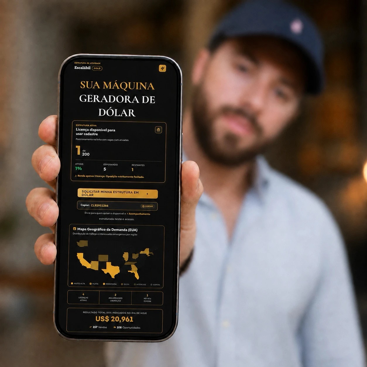 Painel da máquina geradora de dólar aberto no celular